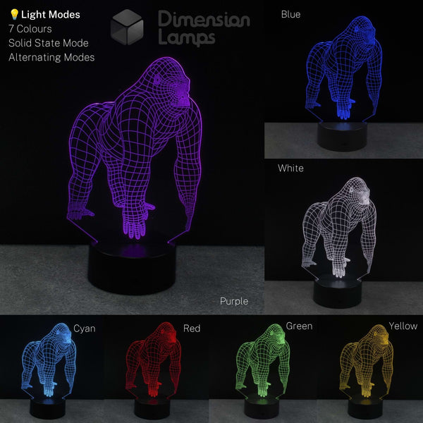 A gorilla 3D lamp shown in multiple colours purple, blue, white, cyan, red, green, and yellow. Including text labels and a Dimension Lamps logo.