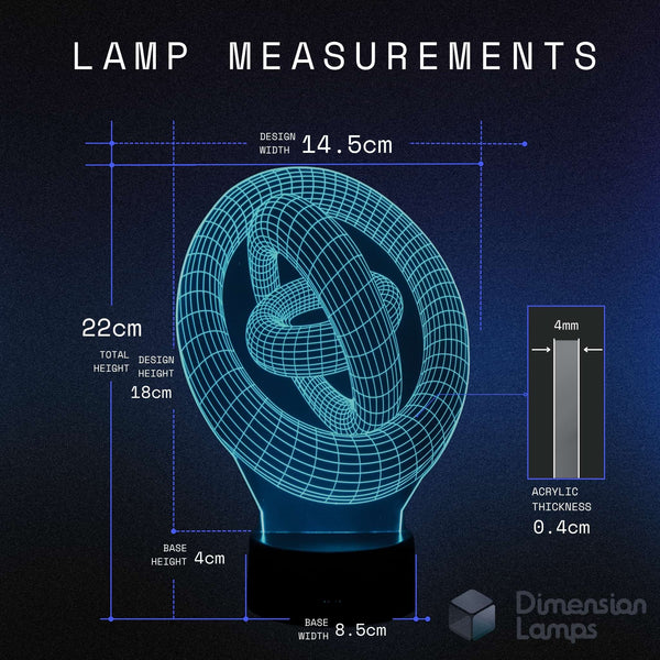 A dimension diagram for a Dimension Lamps spiral LED lamp, showing measurements including design width of 14.5cm, total height of 22cm, base height of 4cm, and acrylic thickness of 4mm on a dark blue background.