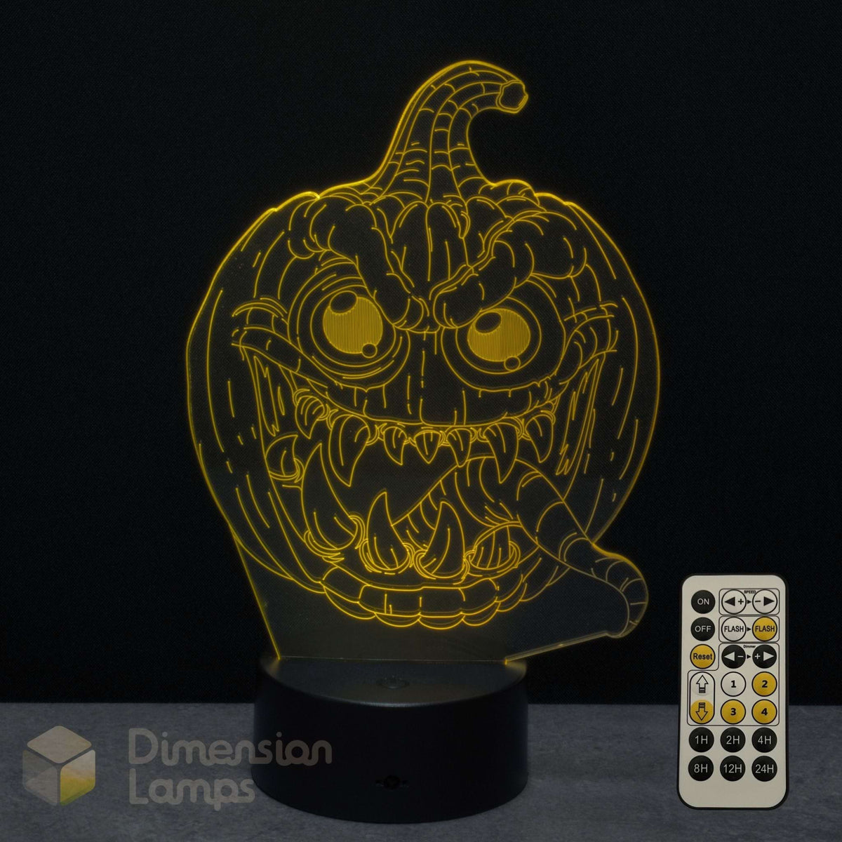 A glowing 3D optical illusion lamp of a spooky jack-o'-lantern Halloween pumpkin on a black base and a 7 colour timer remote and Dimension Lamps logo.