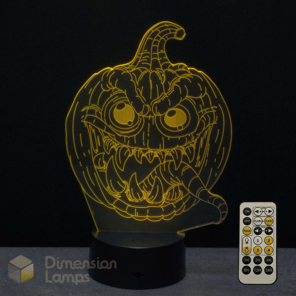A glowing 3D optical illusion lamp of a spooky jack-o'-lantern Halloween pumpkin on a black base and a 7 colour timer remote and Dimension Lamps logo.