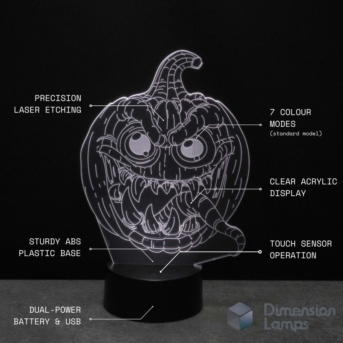 A 3D Halloween pumpkin lamp. Text callouts describing features; laser etching, colour modes, clear acrylic, sturdy base, touch sensor, and dual-power.