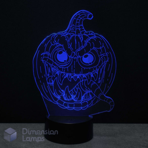 A glowing blue 3D optical illusion lamp of a spooky jack-o'-lantern face, on a black base, with a Dimension Lamps logo in the lower-left corner.