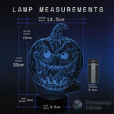 A dimension diagram of a jack-o'-lantern Halloween lamp, with measurements for design, base and total height. An inset shows the acrylic thickness.