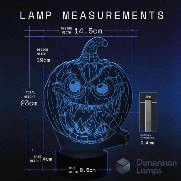 A dimension diagram of a jack-o'-lantern Halloween lamp, with measurements for design, base and total height. An inset shows the acrylic thickness.