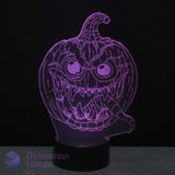 A 3D optical illusion night light of a spooky jack-o'-lantern, glowing purple on a black base and a dark background. Perfect for Halloween lighting.
