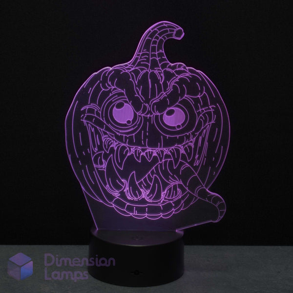 A 3D optical illusion night light of a spooky jack-o'-lantern, glowing purple on a black base and a dark background. Perfect for Halloween lighting.