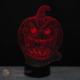 A red glowing jack-o'-lantern night light with a spooky carved face, a black base against a dark background. Ideal Halloween decorative gift. 