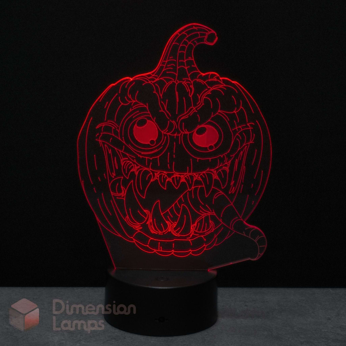 A red glowing jack-o'-lantern night light with a spooky carved face, a black base against a dark background. Ideal Halloween decorative gift. 