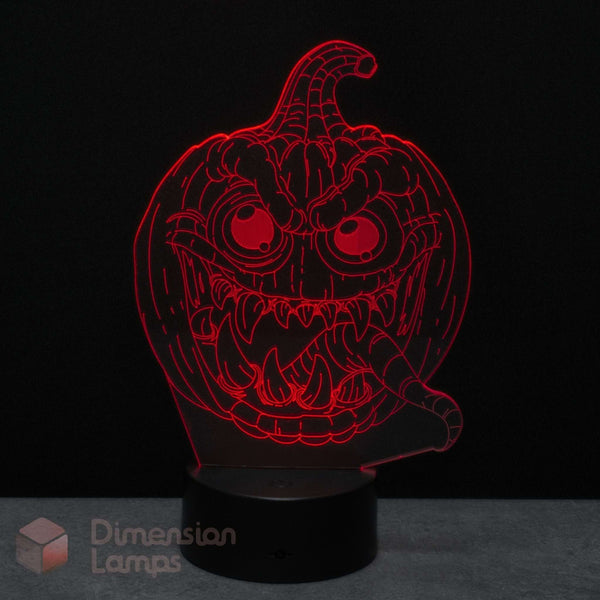 A red glowing jack-o'-lantern night light with a spooky carved face, a black base against a dark background. Ideal Halloween decorative gift. 