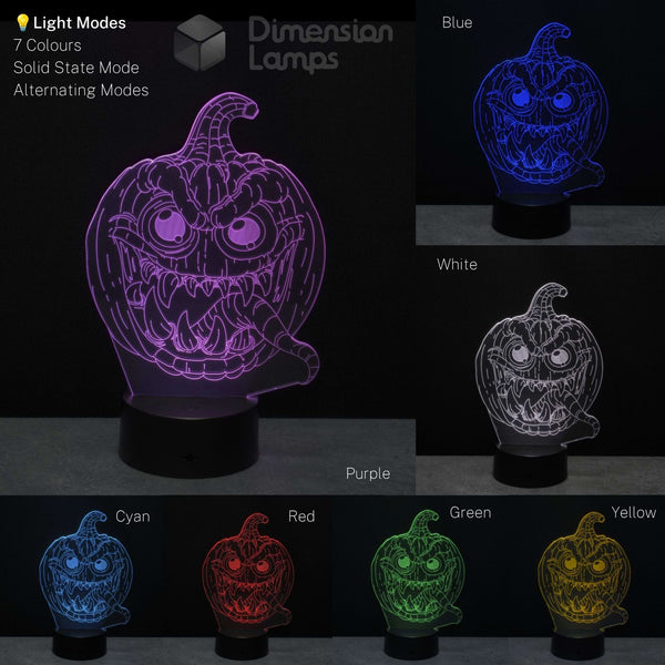 A of a pumpkin-shaped LED night light glowing in purple, blue, white, cyan, red, green, and yellow. Halloween themed Jack-O'Lantern lighting idea.