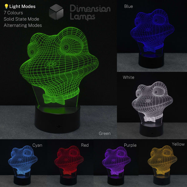 An LED 3D frog lamp, shown in multiple colour modes including green, blue, white, cyan, red, purple, and yellow. Gift idea for kids that love frogs.
