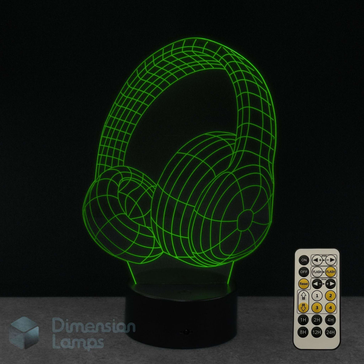 Headphones 3D illusion night lamp Australia, glowing with bright green wireframe, with a remote control. Dimension Lamps in the bottom-left corner.