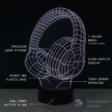 A 3D headphones optical illusion LED night lamp , shown on a dark background with white text callouts describing features, music fan gift idea.