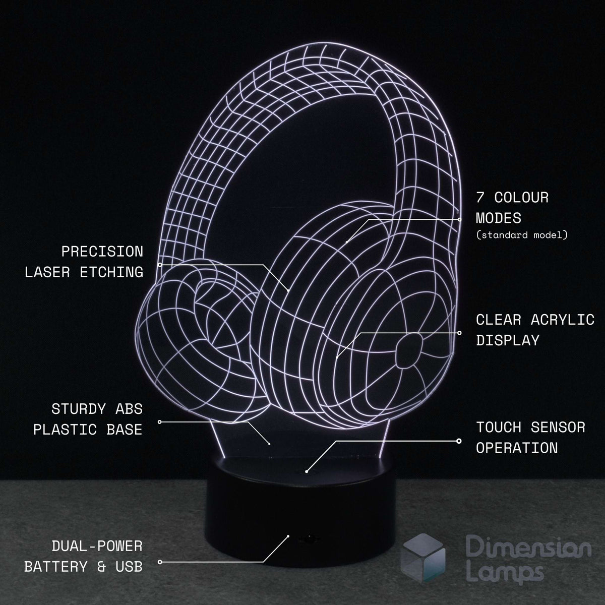 A 3D headphones optical illusion LED night lamp , shown on a dark background with white text callouts describing features, music fan gift idea.