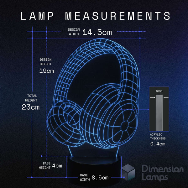 A dimension diagram of a glowing blue wireframe lamp of headphones, with measurements including design width 14.5cm, height 23cm, base height 4cm.
