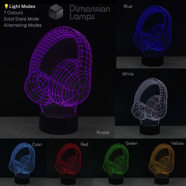 An LED 3D lamp of over-ear headphones, shown in multiple colour modes glowing purple, blue, white, cyan, red, green, and yellow. Music fan gift idea.