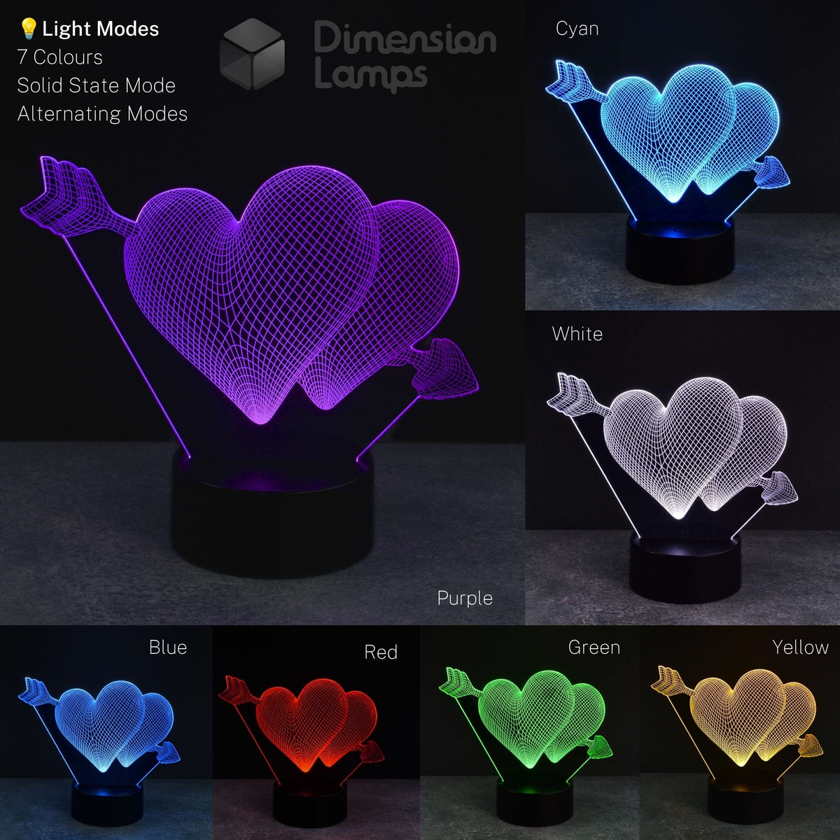 A 3D illusion LED lamp shaped like two interlocking hearts with arrows, shown in multiple color modes on a dark background. The left large panel shows the lamp lit in purple, with smaller panels showing other available colors: cyan, white, blue, red, green, and yellow.
