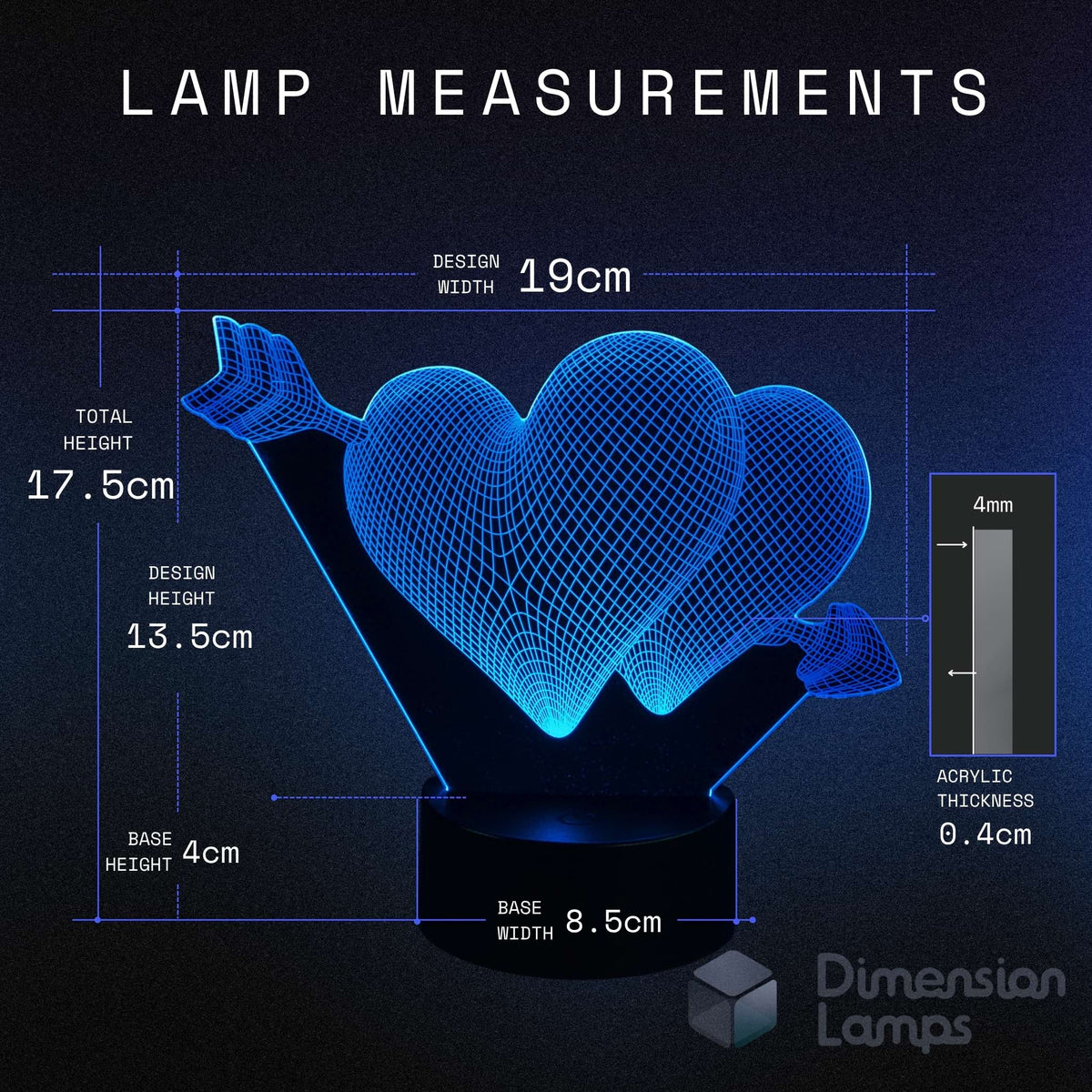 Lamp measurements diagram showing a blue glowing heart-shaped acrylic lamp on a black base, with labelled dimensions including design width 19cm, total height 17.5cm, design height 13.5 cm.