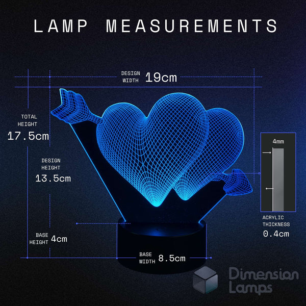 Lamp measurements diagram showing a blue glowing heart-shaped acrylic lamp on a black base, with labelled dimensions including design width 19cm, total height 17.5cm, design height 13.5 cm.
