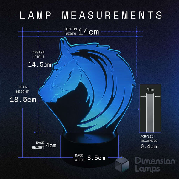 Stallion horse head lamp with measurements on a dark background