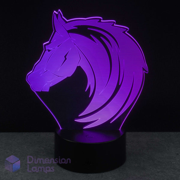 Purple horse head lamp on a black background with 'Dimension Lamps' branding. Pony themed gift lamp.
