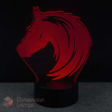 Red horse head design pony lamp on a black background with 'Dimension Lamps' branding.