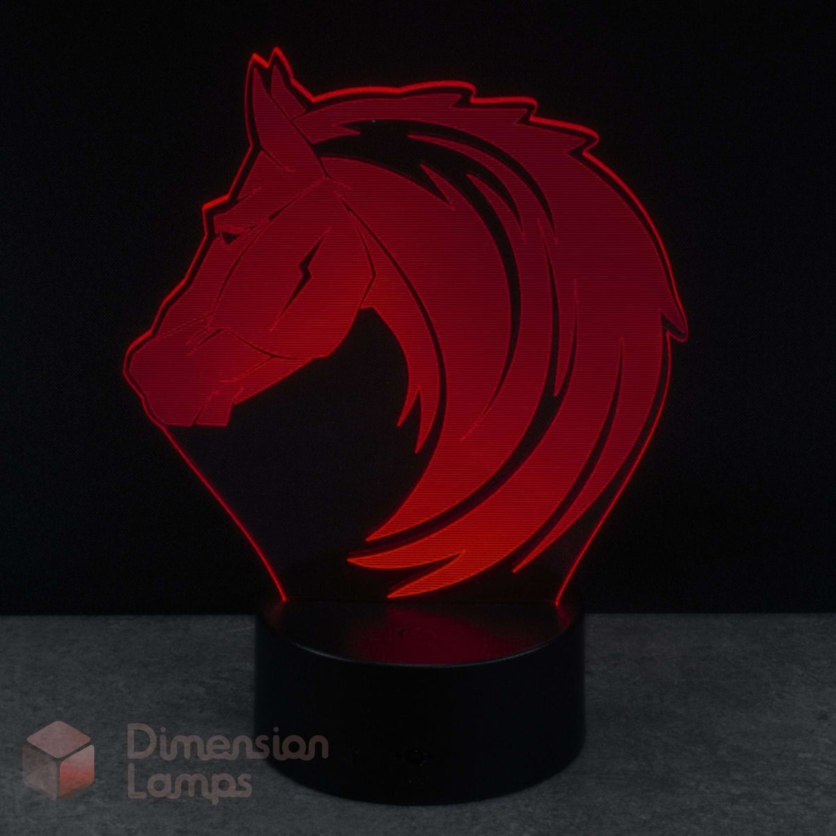 Red horse head design pony lamp on a black background with 'Dimension Lamps' branding.