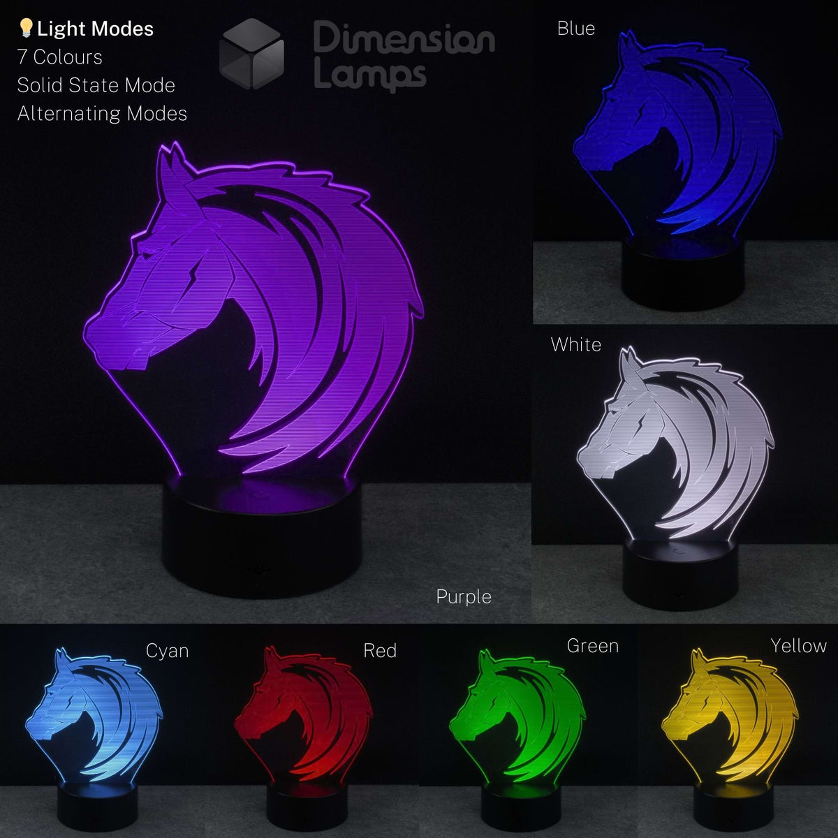 Horse head shaped lamp displaying various colours on a dark background, gift idea for horse fans.