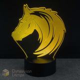 Yellow horse head lamp on a black background with 'Dimension Lamps' branding.