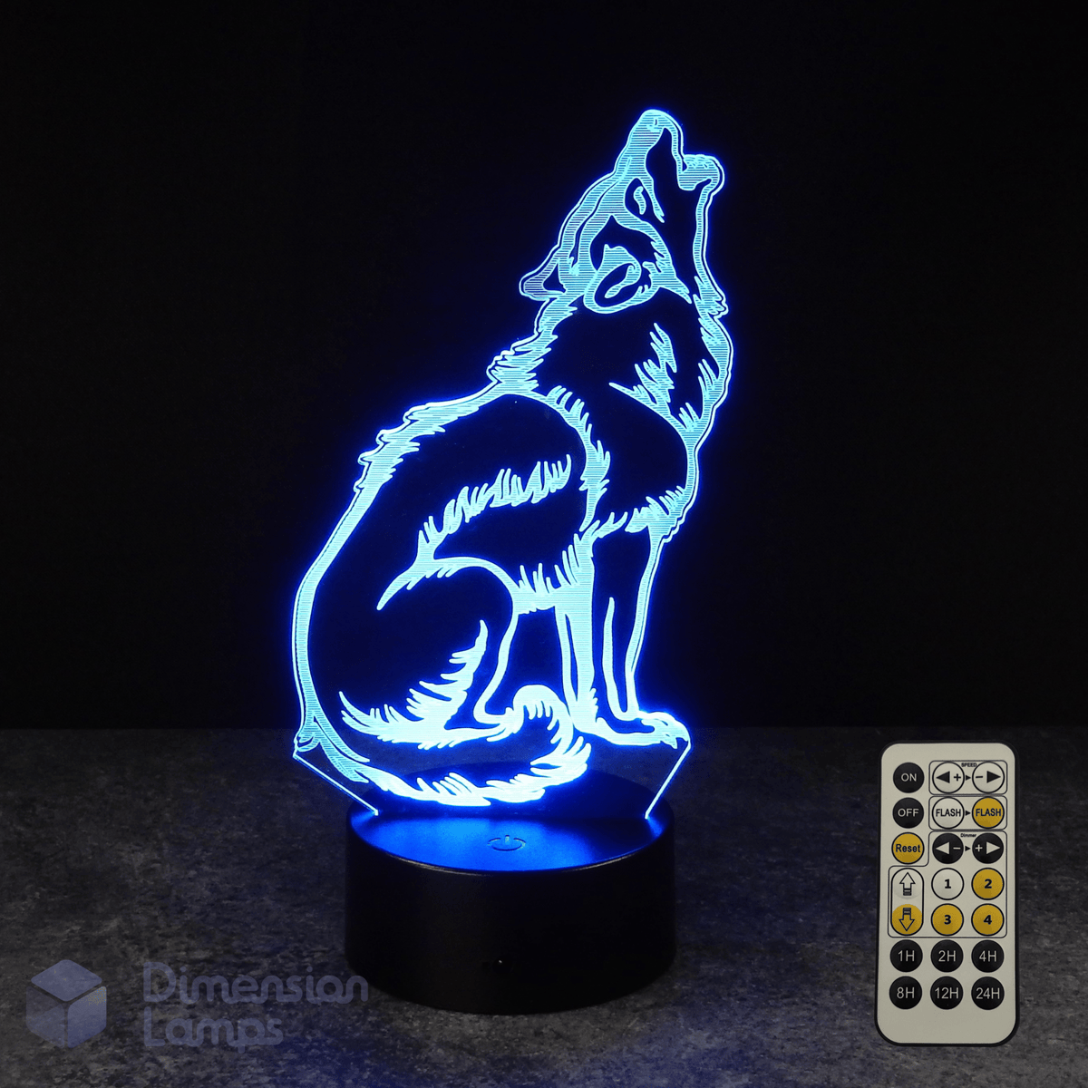 Wolf-shaped night light with remote control on a dark background