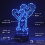 An LED acrylic 3D optical illusion lamp with two interlocking hearts and 'I Love You' on the front, shown illuminated in blue on a dark background with white text callouts detailing its features.