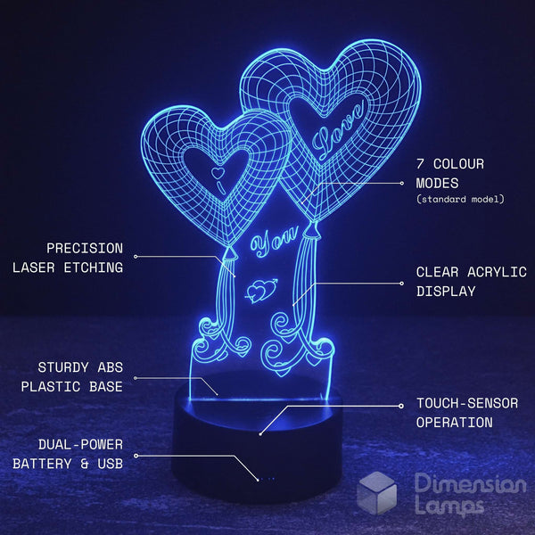 An LED acrylic 3D optical illusion lamp with two interlocking hearts and 'I Love You' on the front, shown illuminated in blue on a dark background with white text callouts detailing its features.
