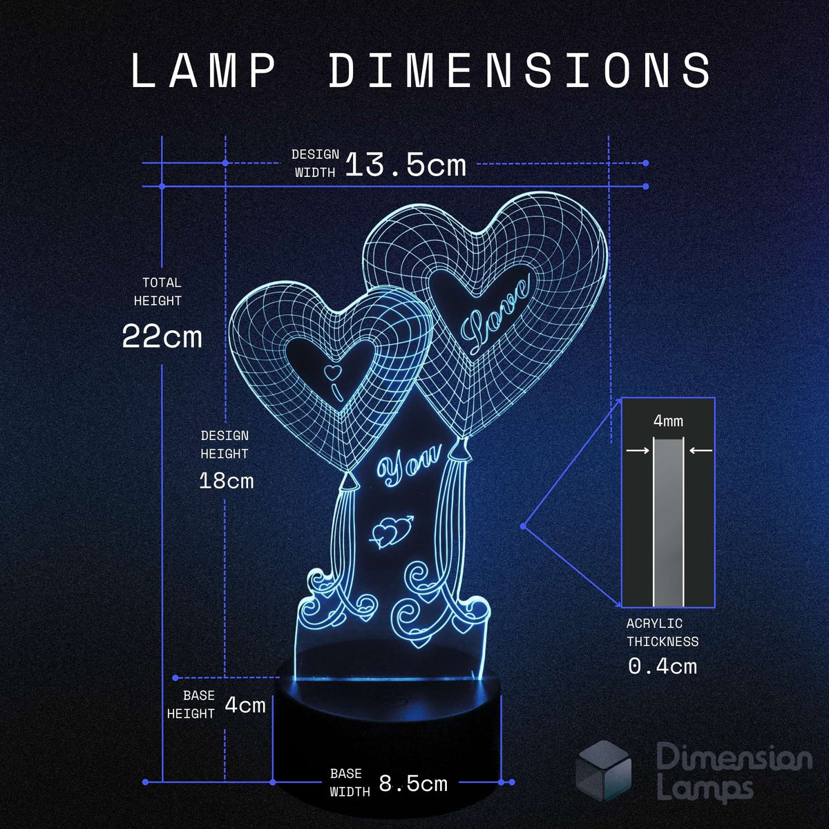Lamp dimensions diagram showing a heart-shaped acrylic LED lamp with decorative script details, labeled with measurements including 13.5cm design width, 22cm total height, 18cm design height, 4mm acrylic thickness, and 8.