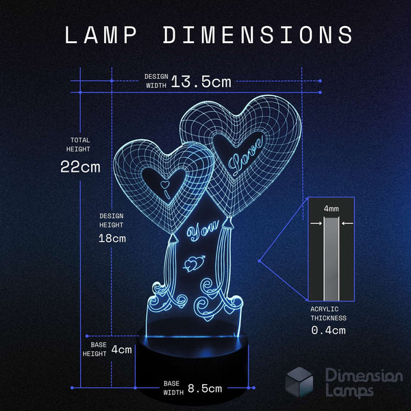 Lamp dimensions diagram showing a heart-shaped acrylic LED lamp with decorative script details, labeled with measurements including 13.5cm design width, 22cm total height, 18cm design height, 4mm acrylic thickness, and 8.