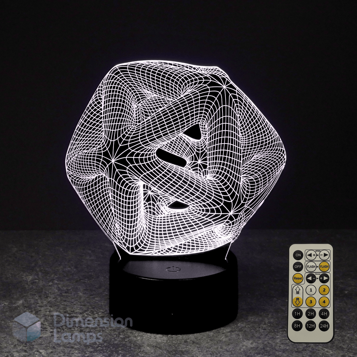 3D geometric lamp with remote control on a dark background