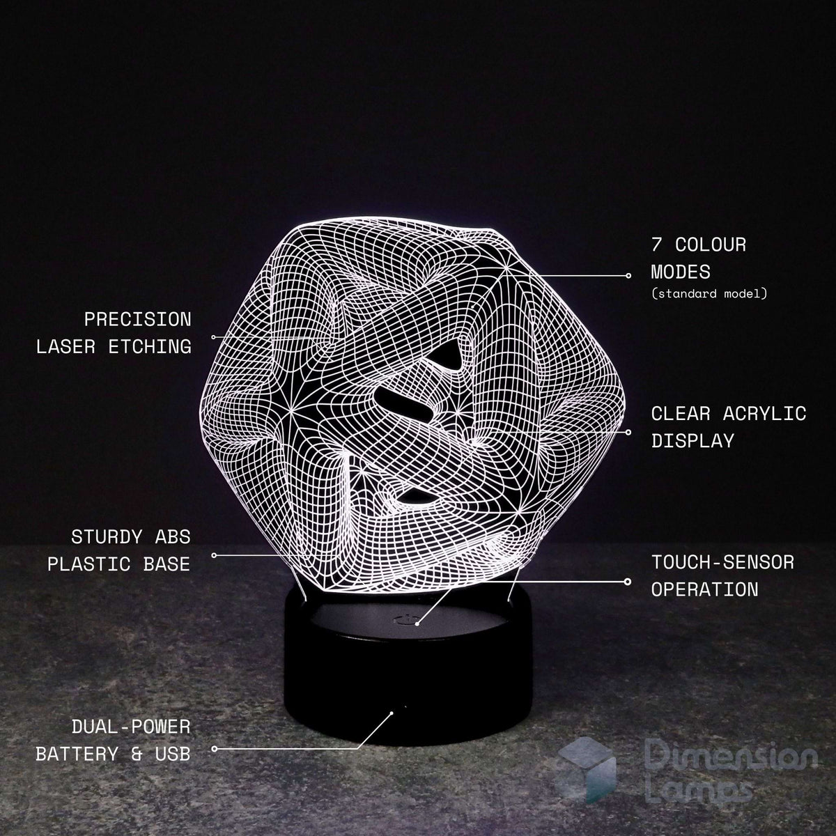 A 3D illusion lamp with a glowing white geometric wireframe design on a black base, with text labels describing its features.