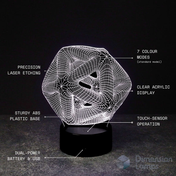 A 3D illusion lamp with a glowing white geometric wireframe design on a black base, with text labels describing its features.