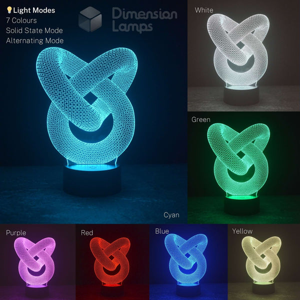 An LED 3D optical illusion knot lamp shown in multiple colour modes on a dark background. The main panel shows the lamp glowing cyan in solid state mode, with smaller panels demonstrating other available colours: White, Green, Purple, Red, Blue, and Yellow.