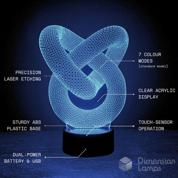 A 3D optical illusion knot lamp glowing in blue light on a black base, with white text callouts highlighting features like 7 colour modes, precision laser etching, clear acrylic display, sturdy ABS plastic base, smart-touch operation, and dual-power battery & USB. A Dimension Lamps logo is visible in the bottom right.