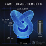 Lamp measurements diagram showing a glowing blue knot-shaped acrylic lamp on a black base, with dimensions labeled 19.5 cm total height, 15.