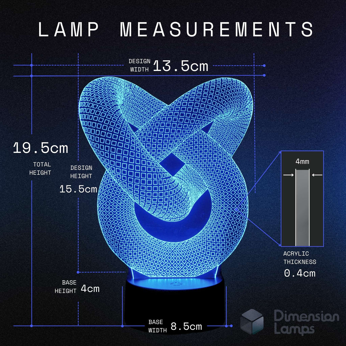 Lamp measurements diagram showing a glowing blue knot-shaped acrylic lamp on a black base, with dimensions labeled 19.5 cm total height, 15.