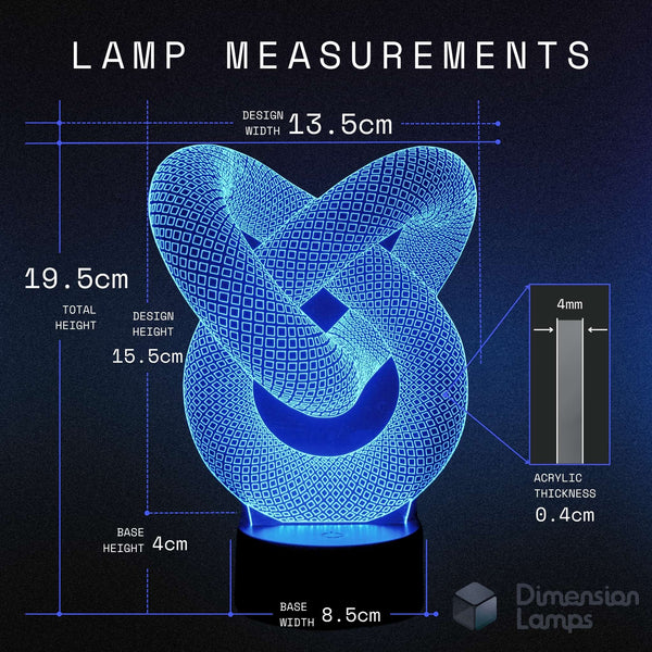 Lamp measurements diagram showing a glowing blue knot-shaped acrylic lamp on a black base, with dimensions labeled 19.5 cm total height, 15.
