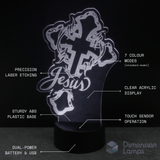 LED lamp with 'Jesus' design on a Christian or Catholic cross, featuring text labels about product features. 