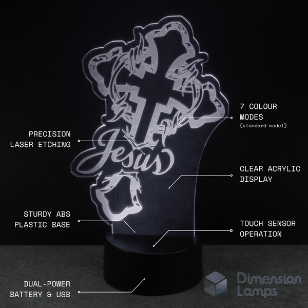 LED lamp with 'Jesus' design on a Christian or Catholic cross, featuring text labels about product features. 