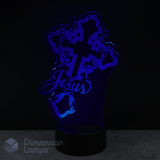 Blue LED lamp with cross and 'Jesus' text script. Christian teen gift idea.