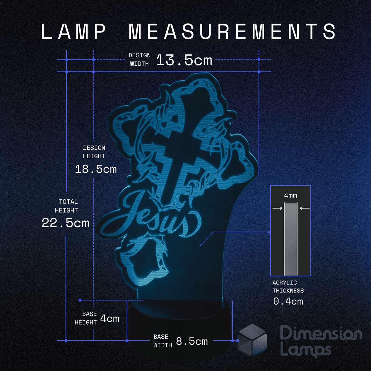 Measurement chart of a Christian Jesus Cross lamp design with dimensions on a dark background. Gift idea for christian teens.