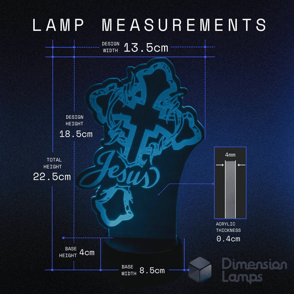 Measurement chart of a Christian Jesus Cross lamp design with dimensions on a dark background. Gift idea for christian teens.
