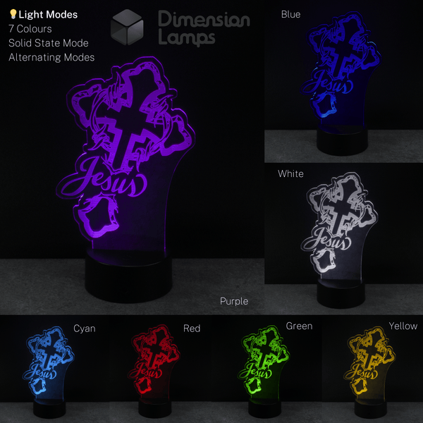 LED lamp with 'Jesus' text on a Christian or Catholic cross in various colours on a black background