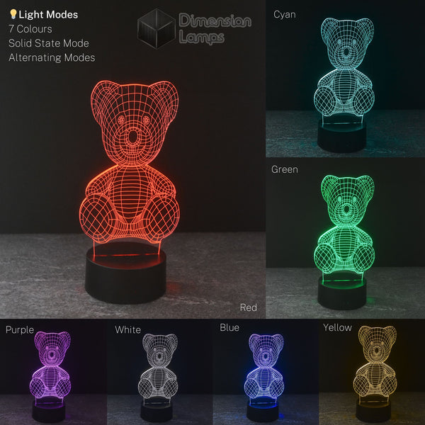 Teddy Bear LED lamp collage featuring its seven colour illuminations: a versatile and reassuring light for kids' bedrooms.
