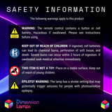 Safety information infographic for the LED 3D illusion lamp with warning symbols and text on a dark background, featuring the Dimension Lamps logo.